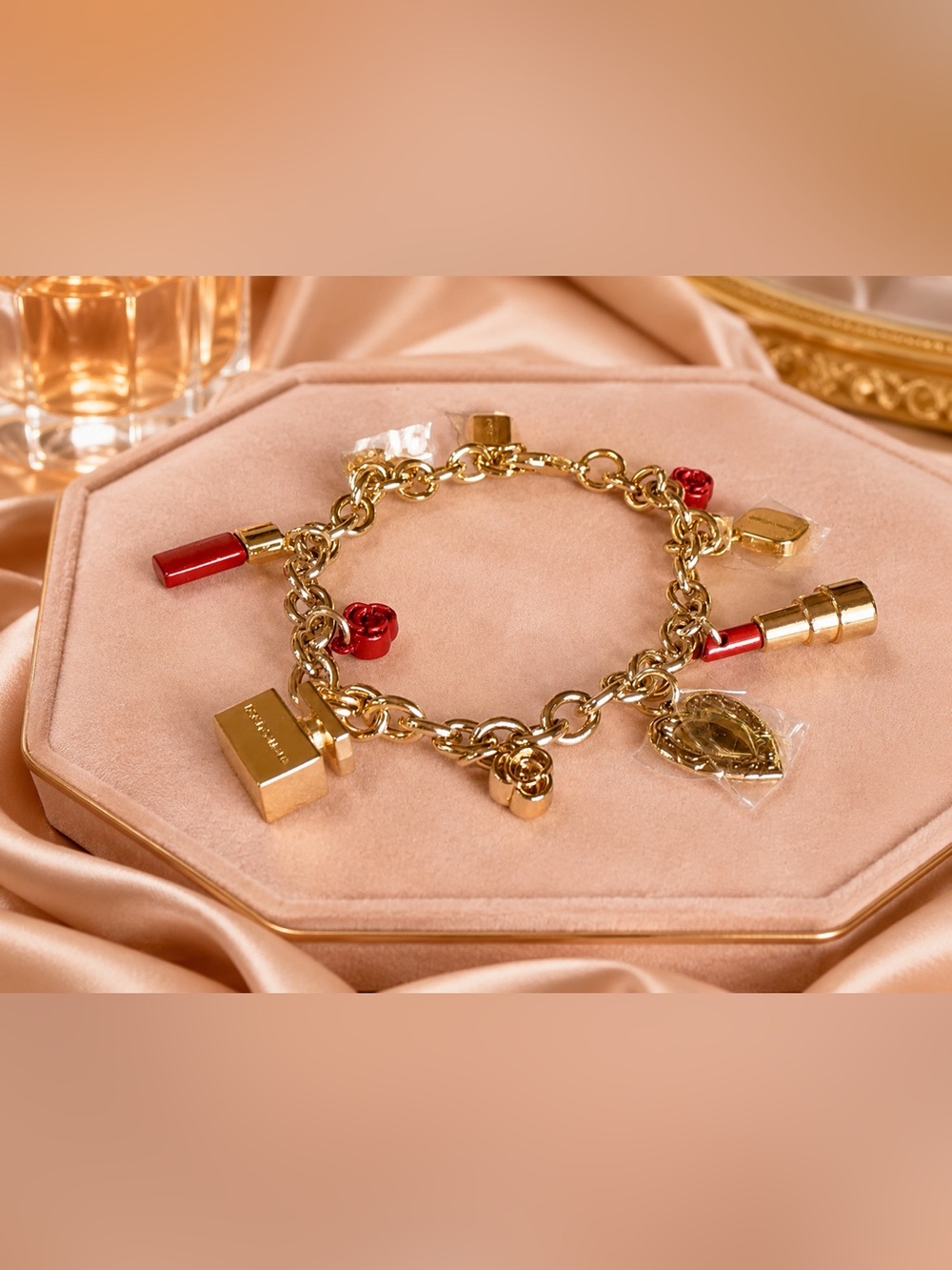 Dolce & Gabbana Y2K Makeup Gold-Tone Multi-Charm Bracelet Lipstick Rose Heart